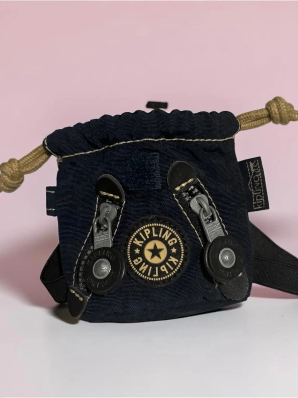 Vintage Kipling Mini Backpack Key Chain Blue/Beige Nylon Metal Logo Zipper Women